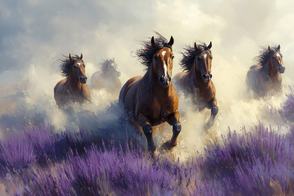 Vier paarden in paarse bloemen behang