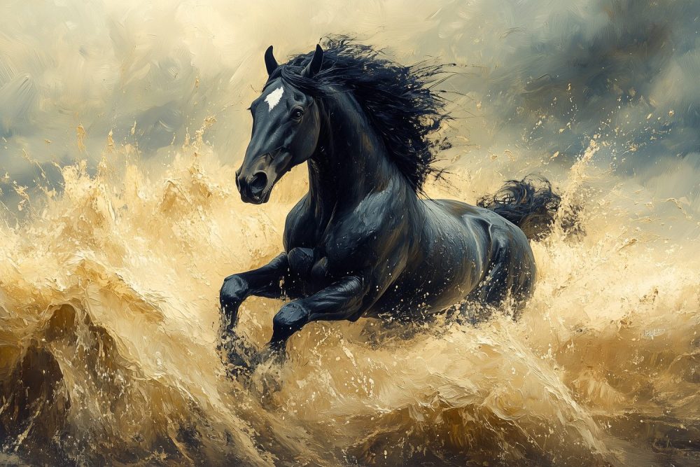 Zwarte galopperende waterpaard behang