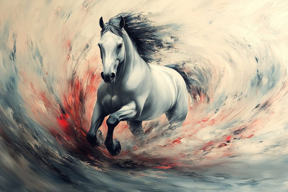 Witte renpaard in beweging behang