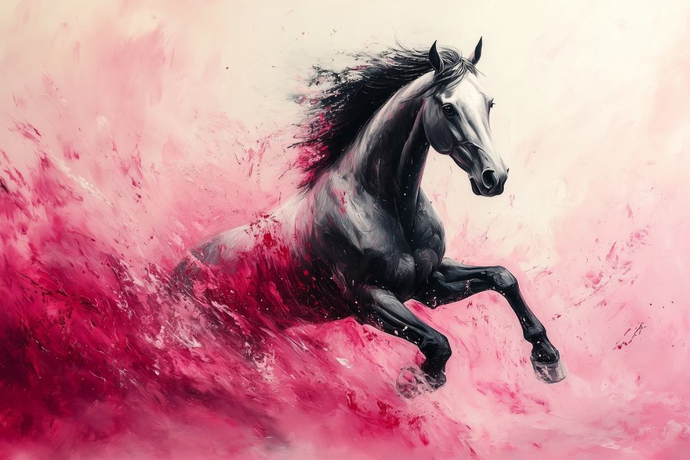 Zwarte galopperende paardenschilderij behang