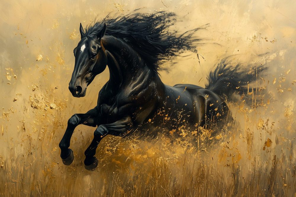 Zwart paard in volle galop behang