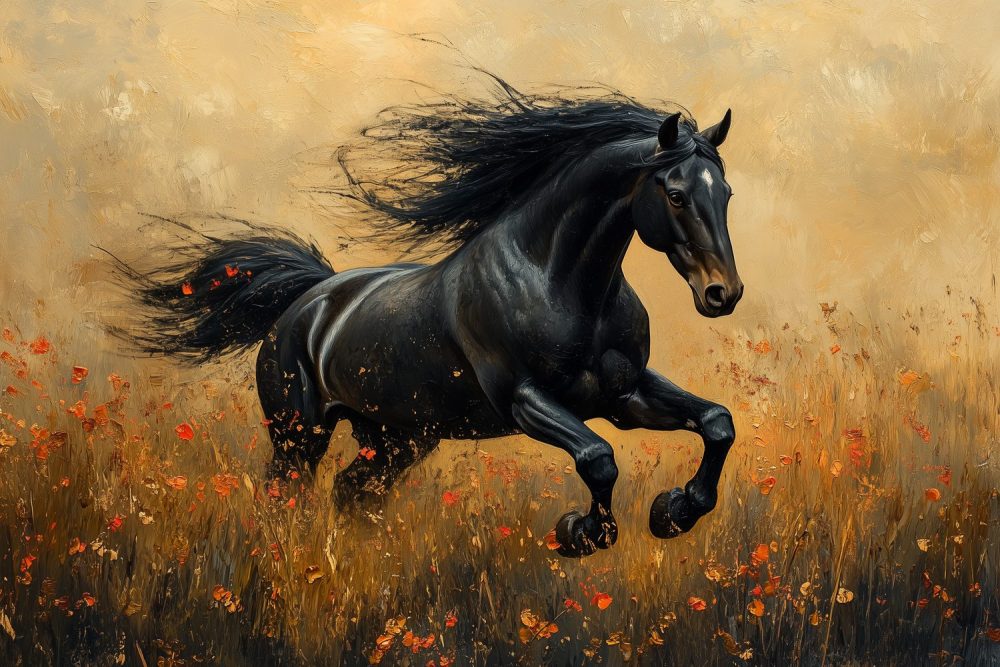 Zwart paard in bloeiend veld behang