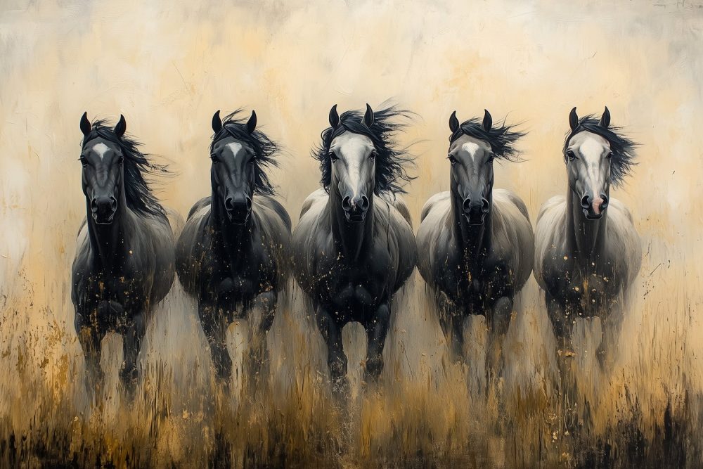 Zwart-witte rennende paarden behang