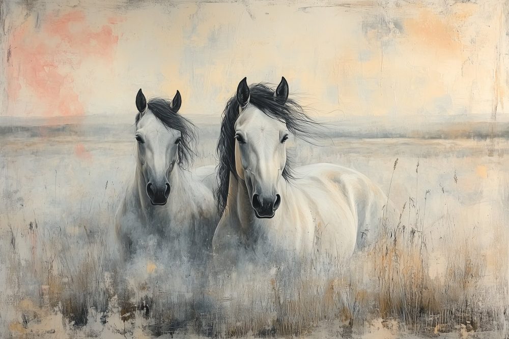 Twee witte paarden in gras behang