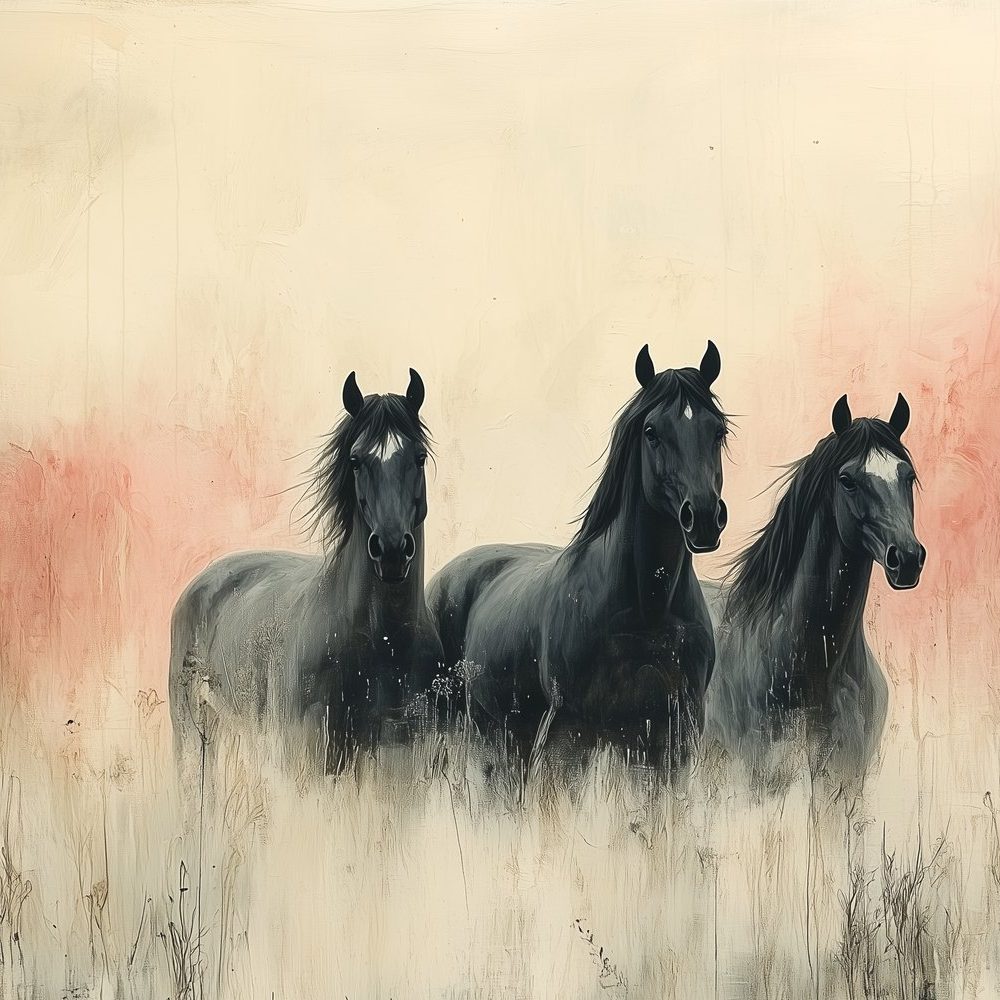 Drie paarden in veld behang