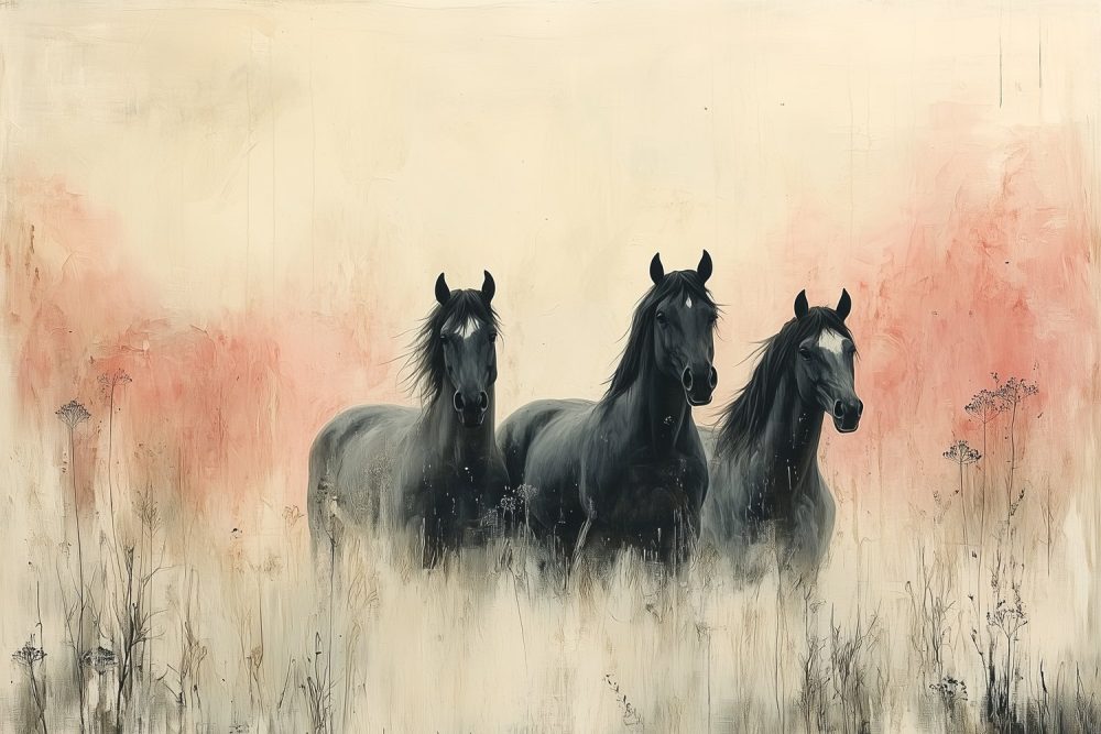 Drie paarden in veld behang