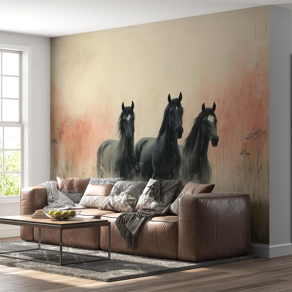 Alternative view of Drie paarden in veld behang