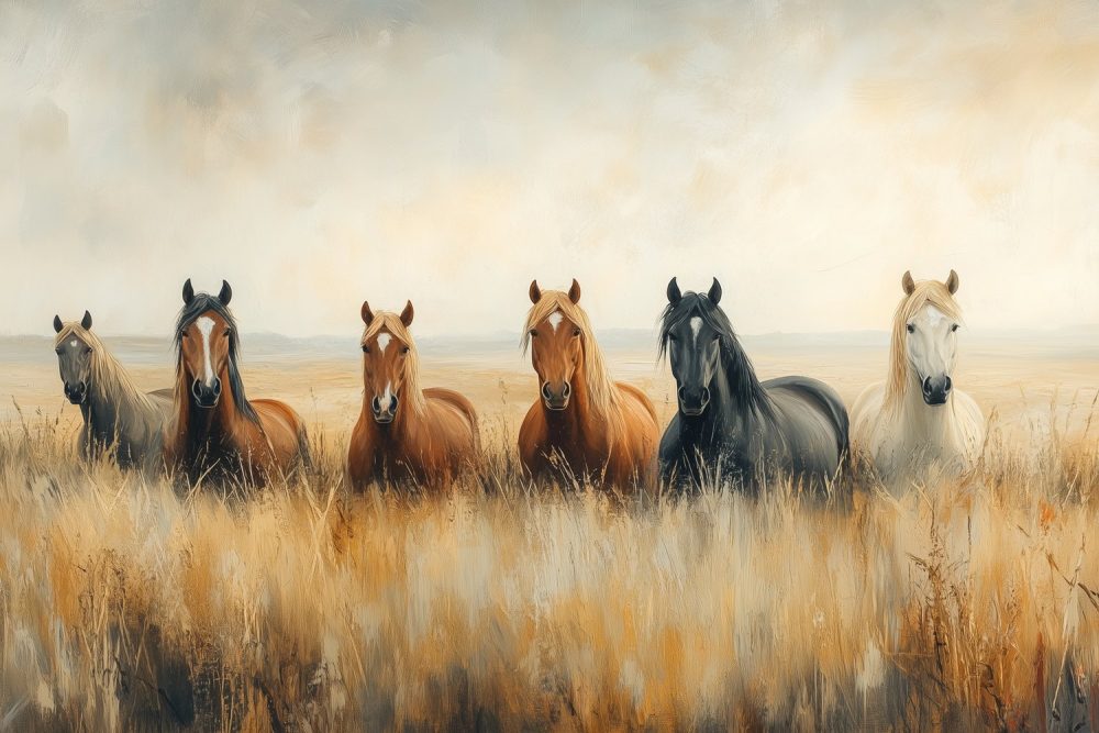Kleurrijke paarden in gouden veld behang