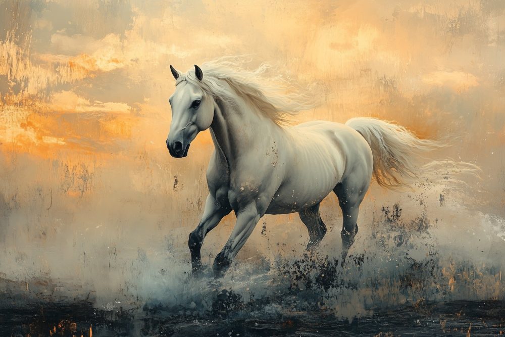 Witte paard in oranje veld behang