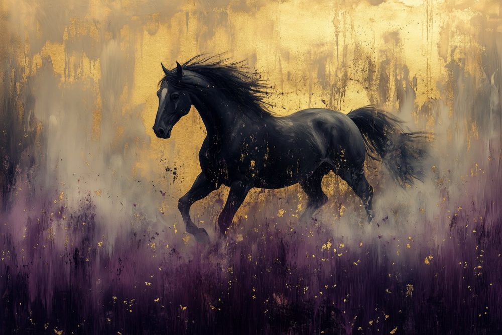 Zwart paard in paarse bloemen behang