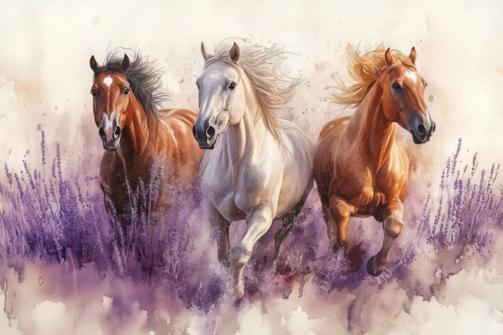 Galopperende paarden in lavendel behang