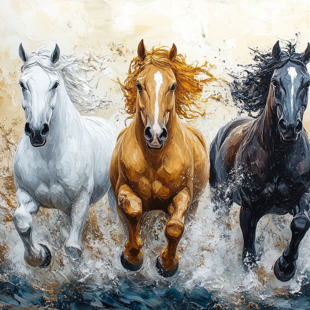 Drie galopperende paarden in water behang