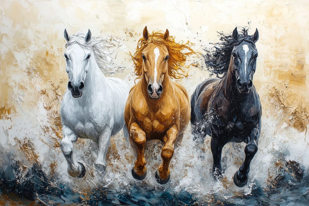 Drie galopperende paarden in water behang