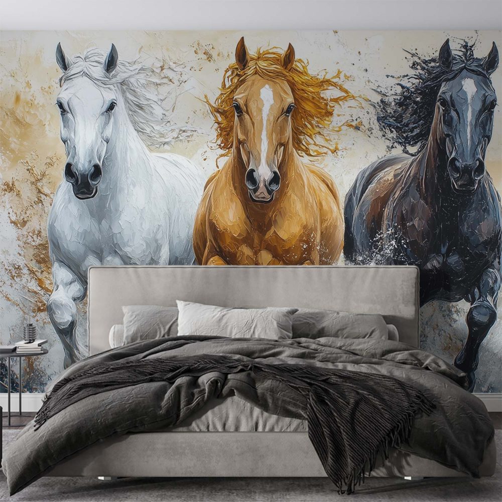 Alternative view of Drie galopperende paarden in water behang