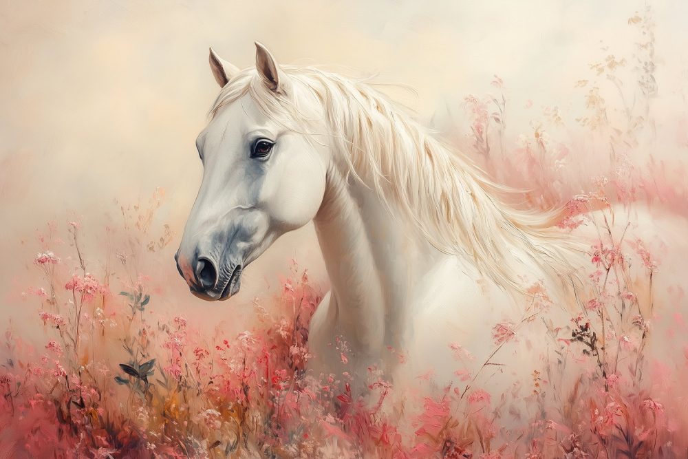 Witte paard in roze bloemen behang