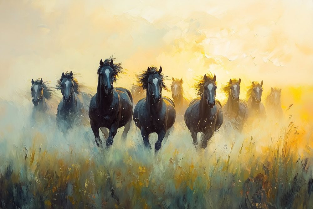 Impressionistisch rennend paardenveld behang