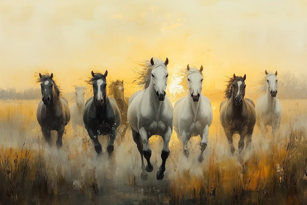 Impressionistisch rennende paardenlandschap behang