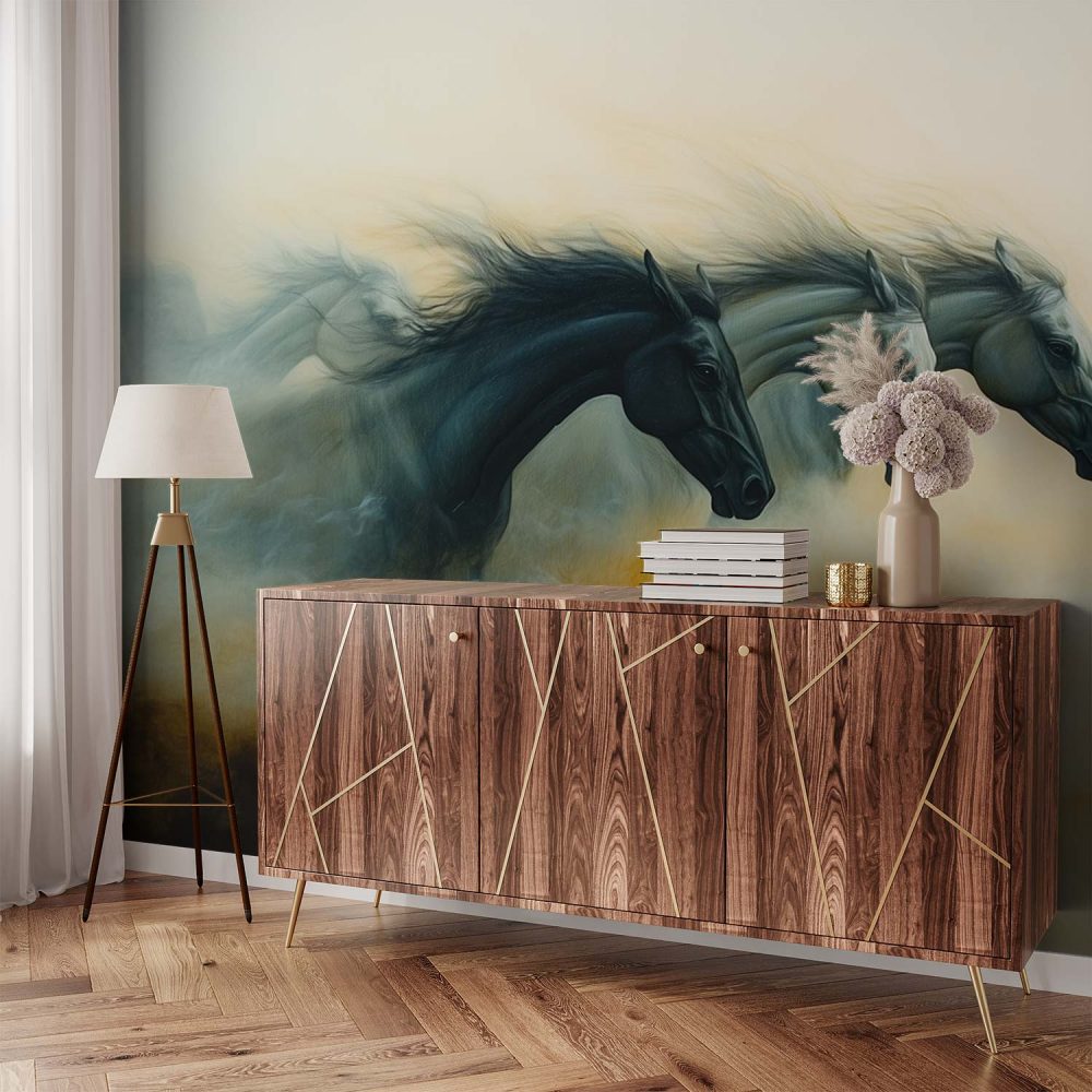 Alternative view of Drie galopperende paarden behang