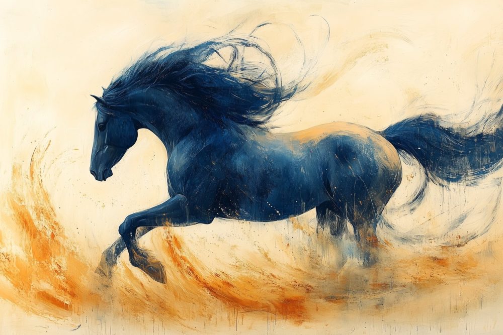 Zwarte galopperende paardkunst behang