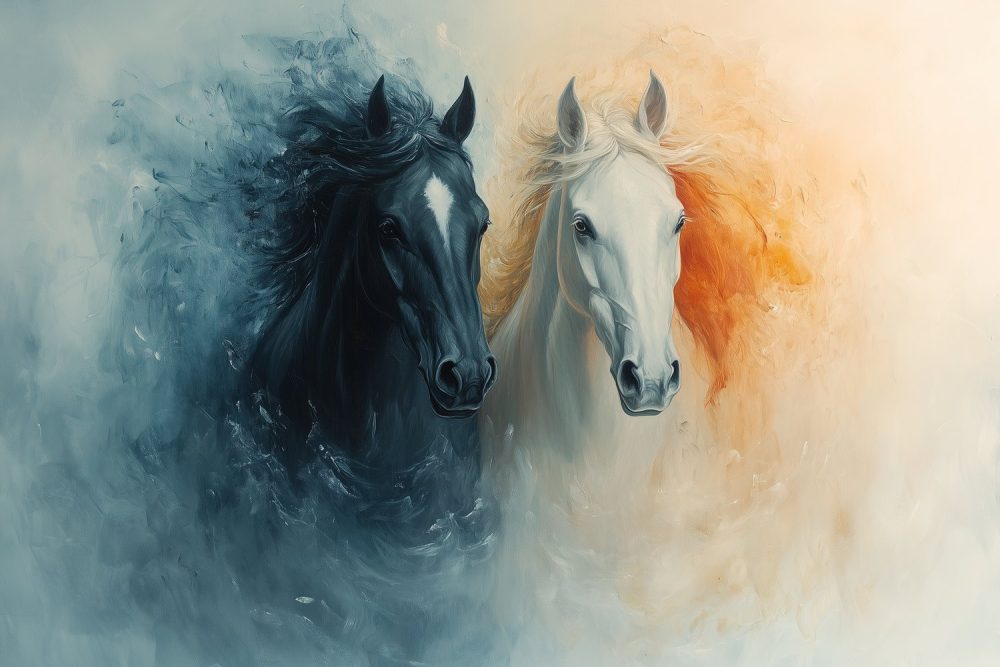 Zwart-witte paarden onder wolkenlucht behang