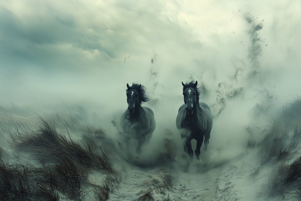 Zwarte paarden in volle galop behang