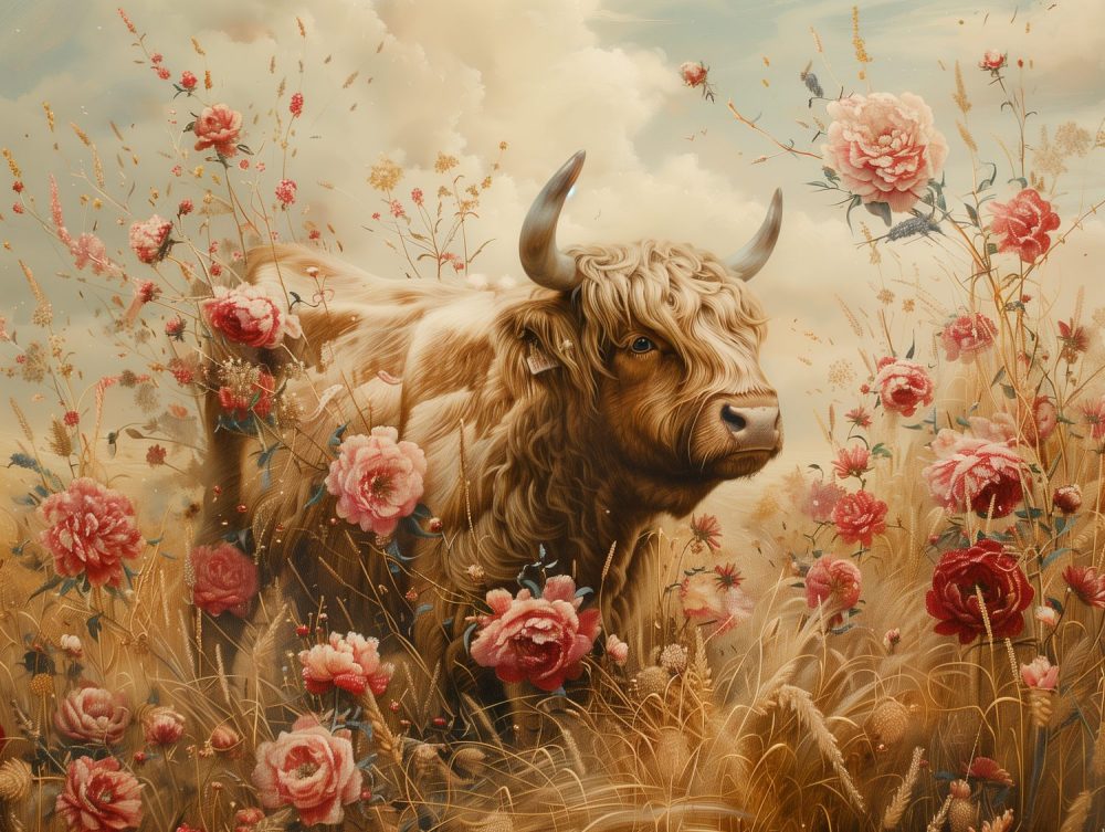 Grote stier tussen bloemen behang