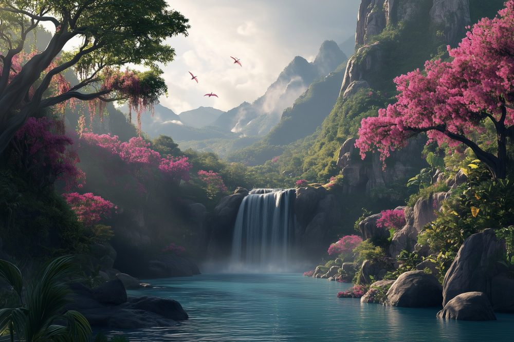 Vredige waterval in natuur behang