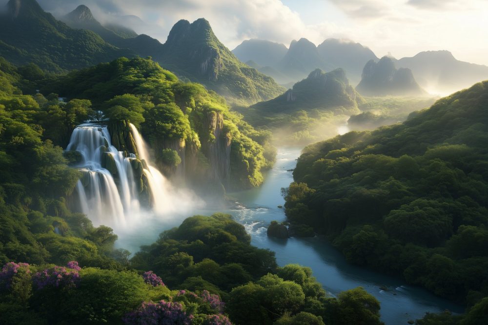 Machtige waterval in natuur behang