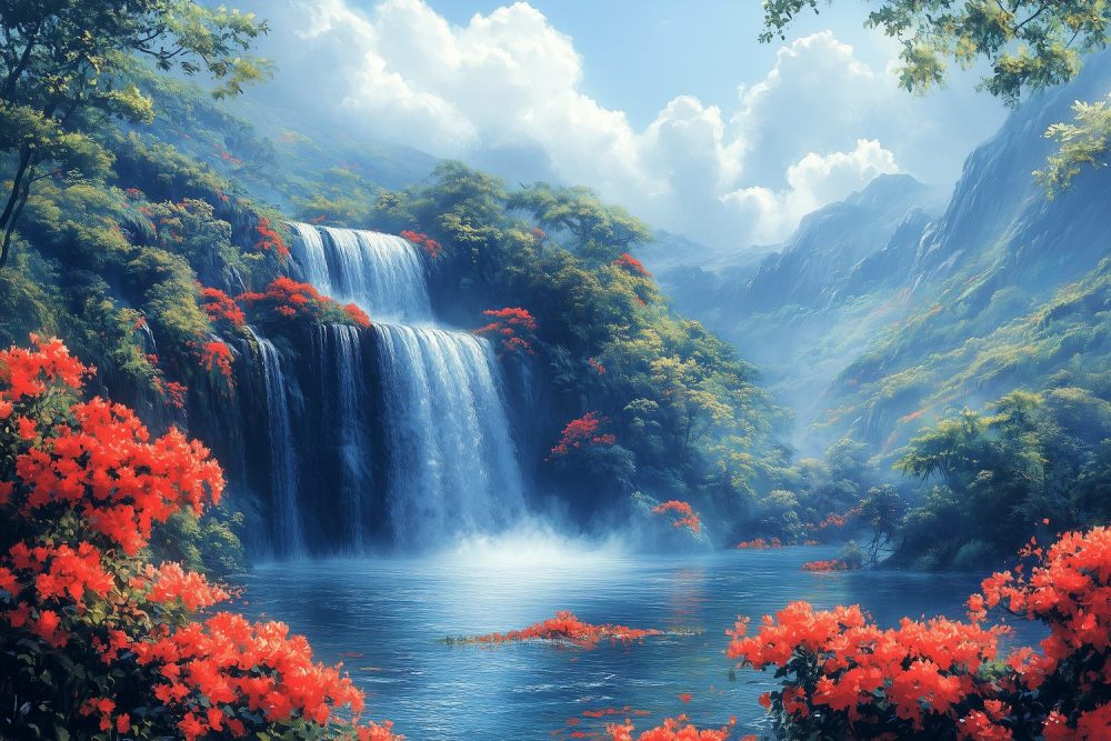 Betoverende waterval met roodbloemen behang