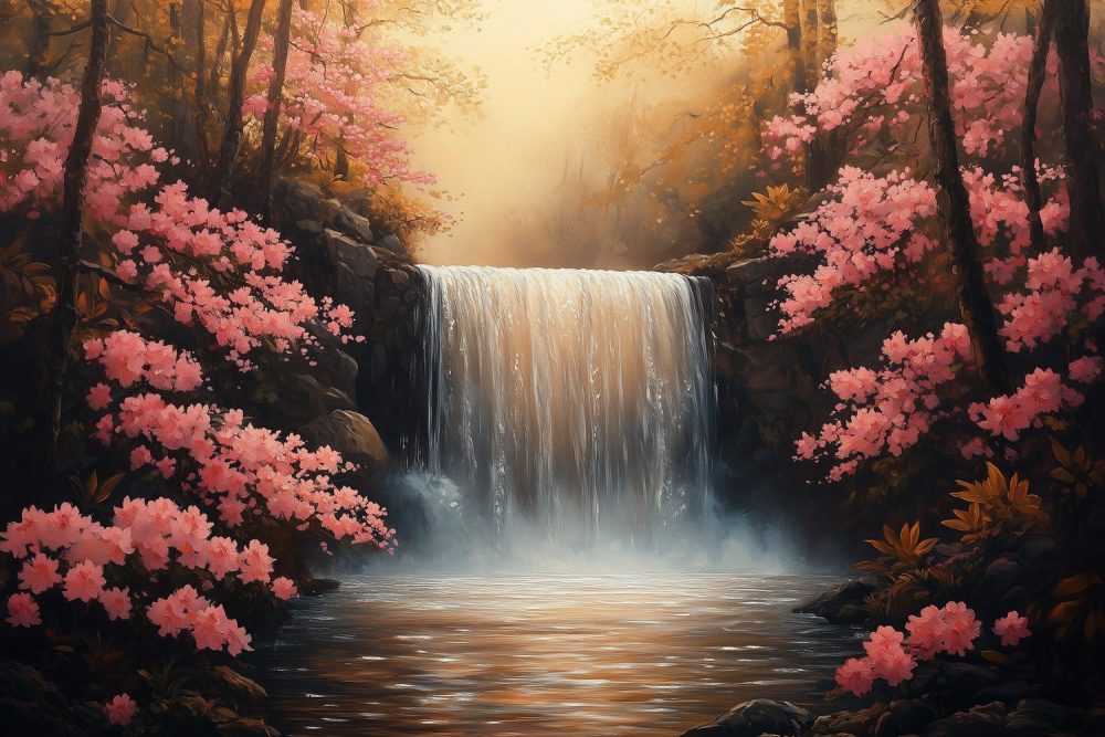 Mistige waterval in bos behang