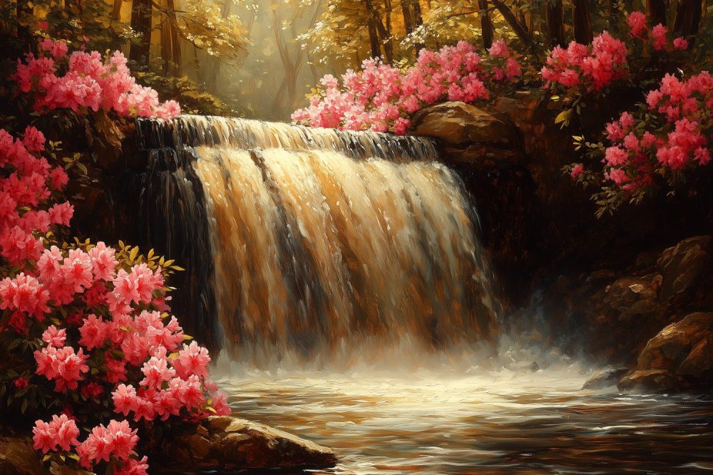 Waterval in Bloeiend Bos behang