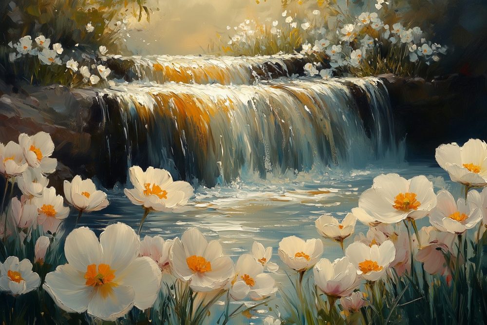 Impressionistische waterval met bloemen behang