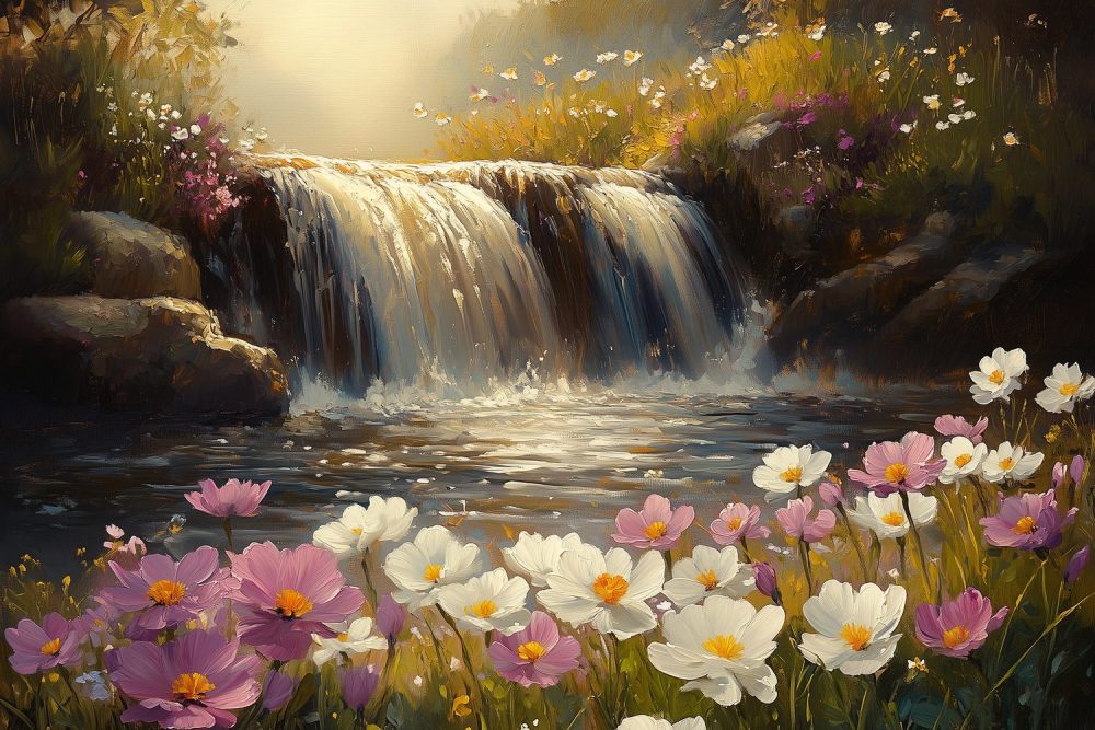 Bloemenveld bij waterval behang