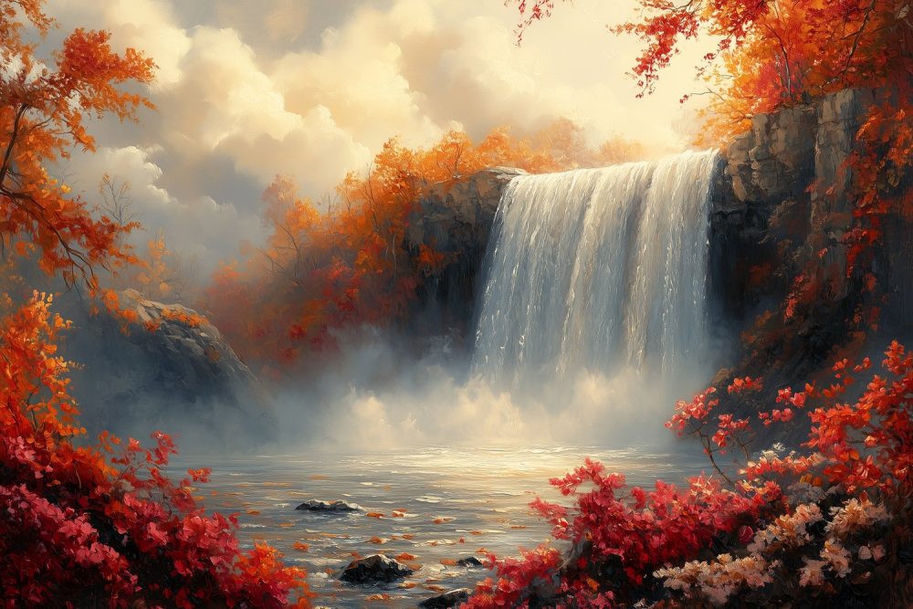 Betoverend watervalwoudschilderij behang