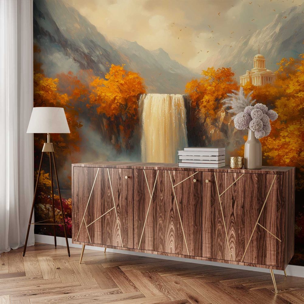 Alternative view of Betoverend waterval landschap behang