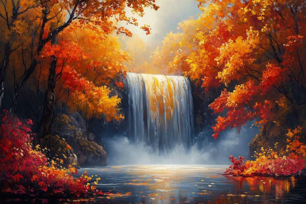 Herfstwaterval in bos behang