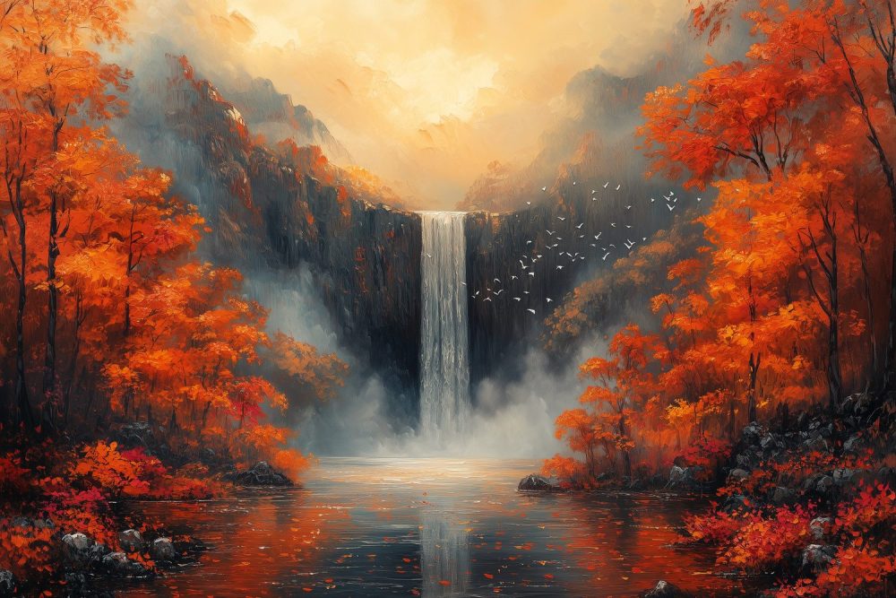 Betoverend waterval-oranje woud behang