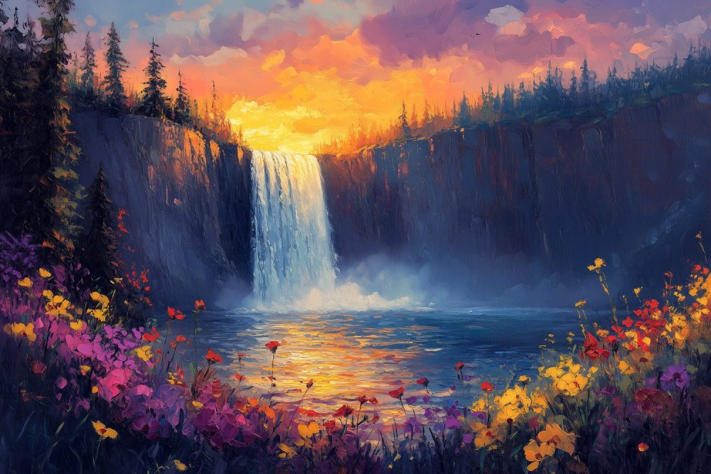 Zonnige Waterval Landschap behang