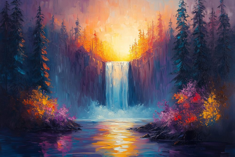 Kleurrijk boswaterval schilderij behang