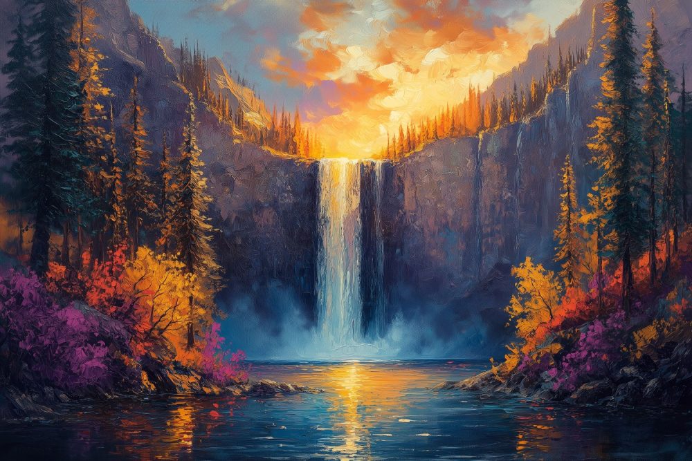 Kleurrijke waterval impressie behang