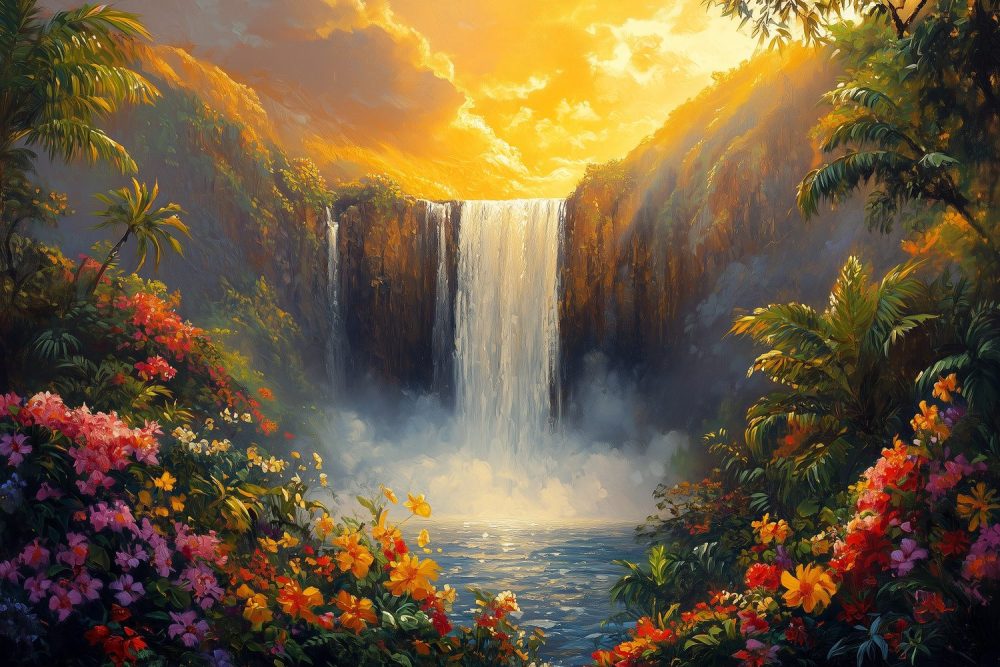 Tropische Waterval Schilderij behang