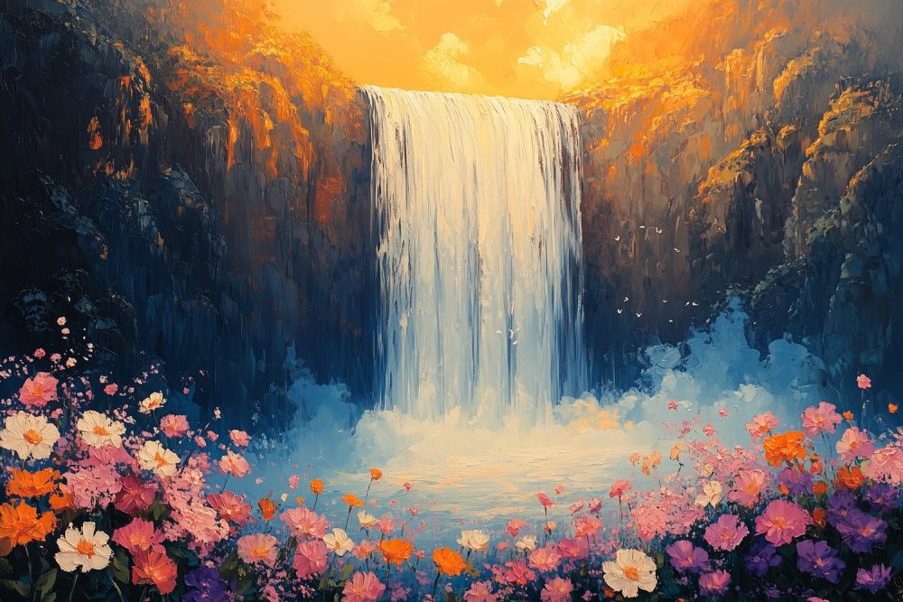 Kleurrijke watervalbloemen behang