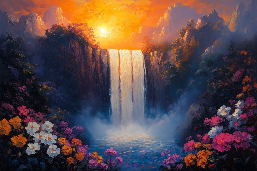 Zonsondergang bij waterval behang