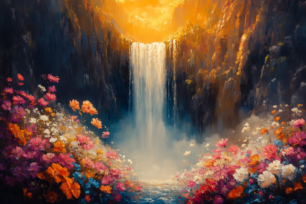 Zonnige watervalbloesemvallei behang