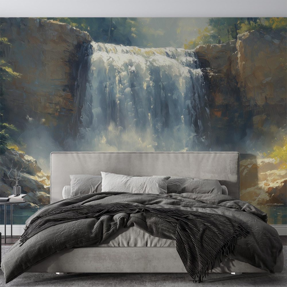 Alternative view of Betoverend Waterval Boslandschap behang