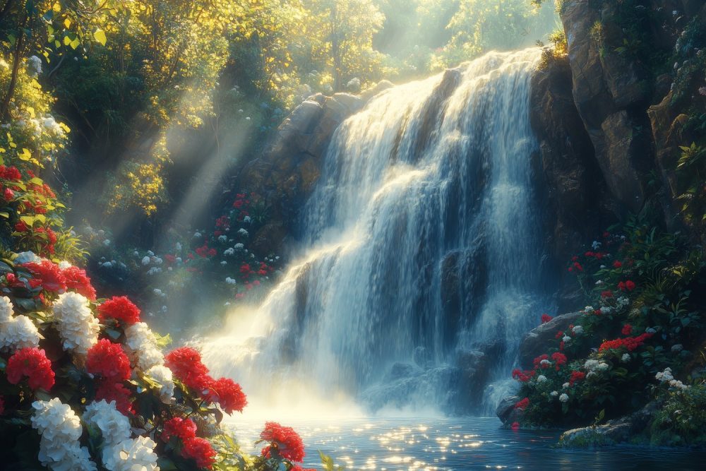 Betoverende waterval in bos behang