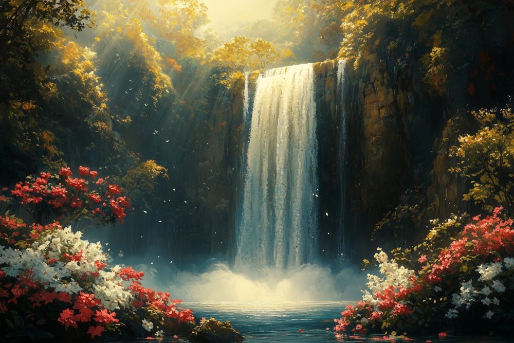 Mistige Waterval in Bos behang