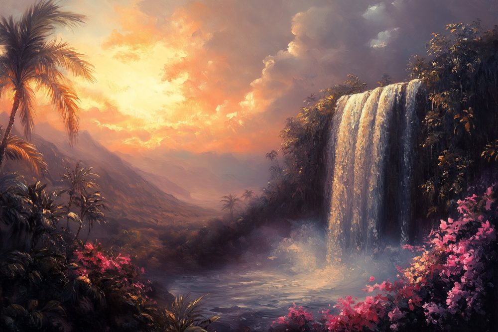 Tropische Zonsondergang Waterval behang