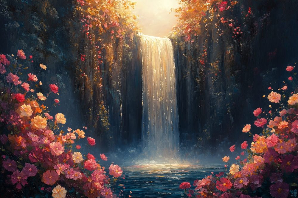 Kleurrijke watervalbloemenscène behang