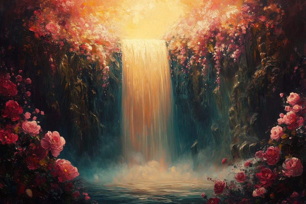 Kleurrijke waterval in tuin behang